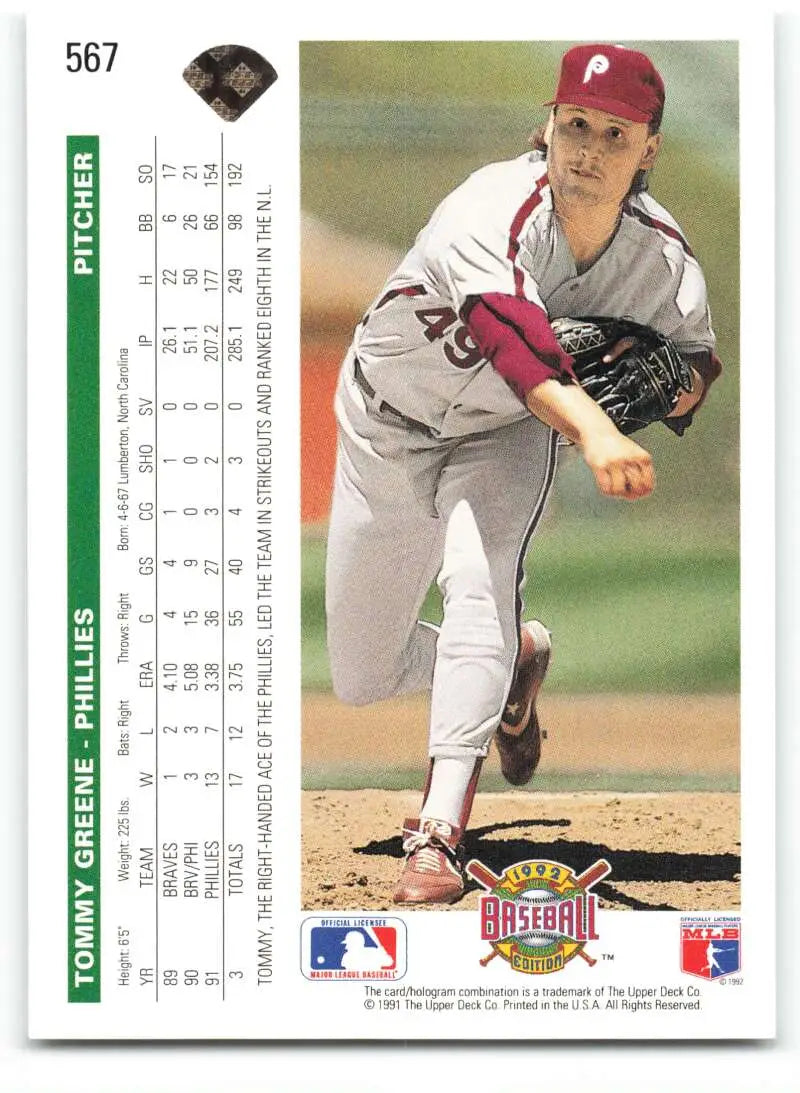 Tommy Greene in mid-delivery on 1992 Upper Deck baseball card for Philadelphia Phillies