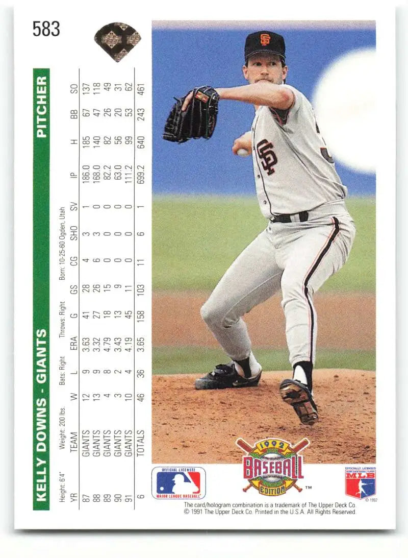 Baseball card of Kelly Downs pitching in gray uniform for San Francisco Giants Upper Deck