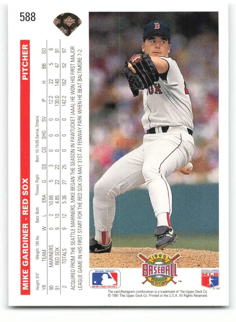 Baseball trading card featuring Boston Red Sox pitcher Mike Gardiner in delivery motion