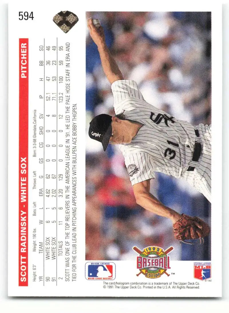 1992 Upper Deck #594 Scott Radinsky baseball card featuring Chicago White Sox pitcher