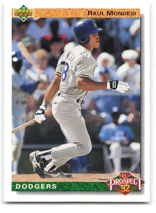 Baseball card of Raul Mondesi in white uniform for Los Angeles Dodgers baseball