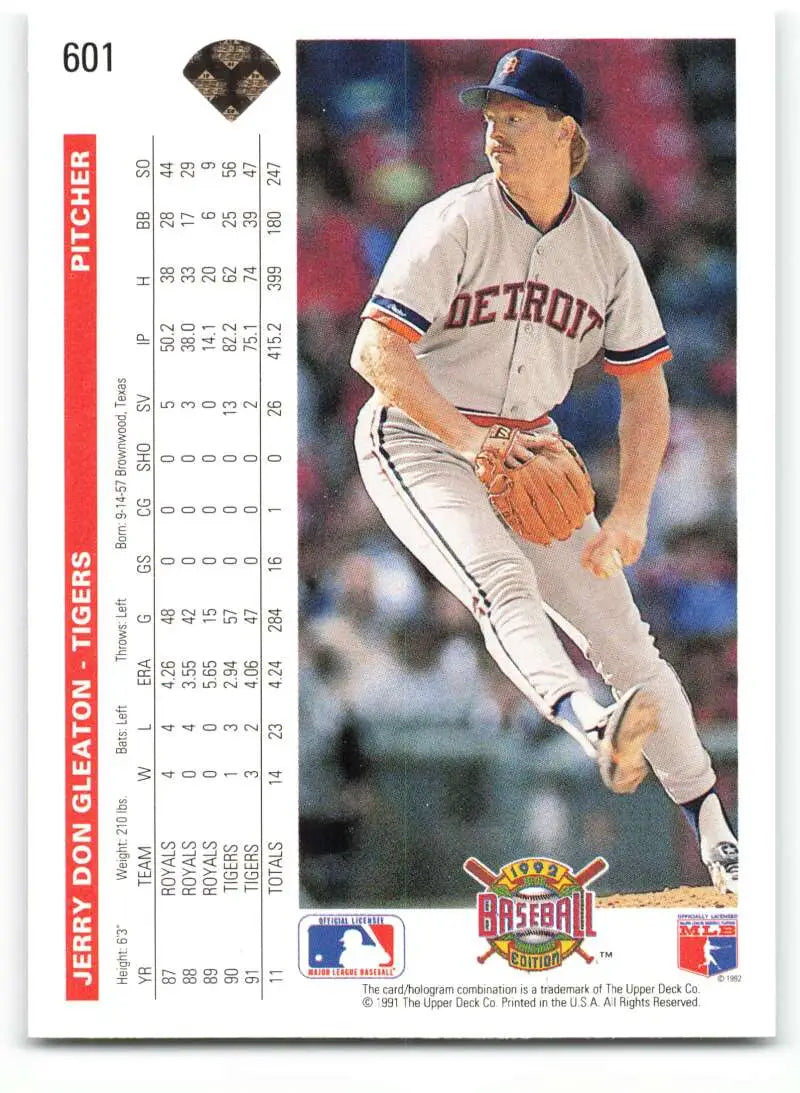 Detroit Tigers pitcher Jerry Don Gleaton in mid-delivery on 1992 Upper Deck baseball card