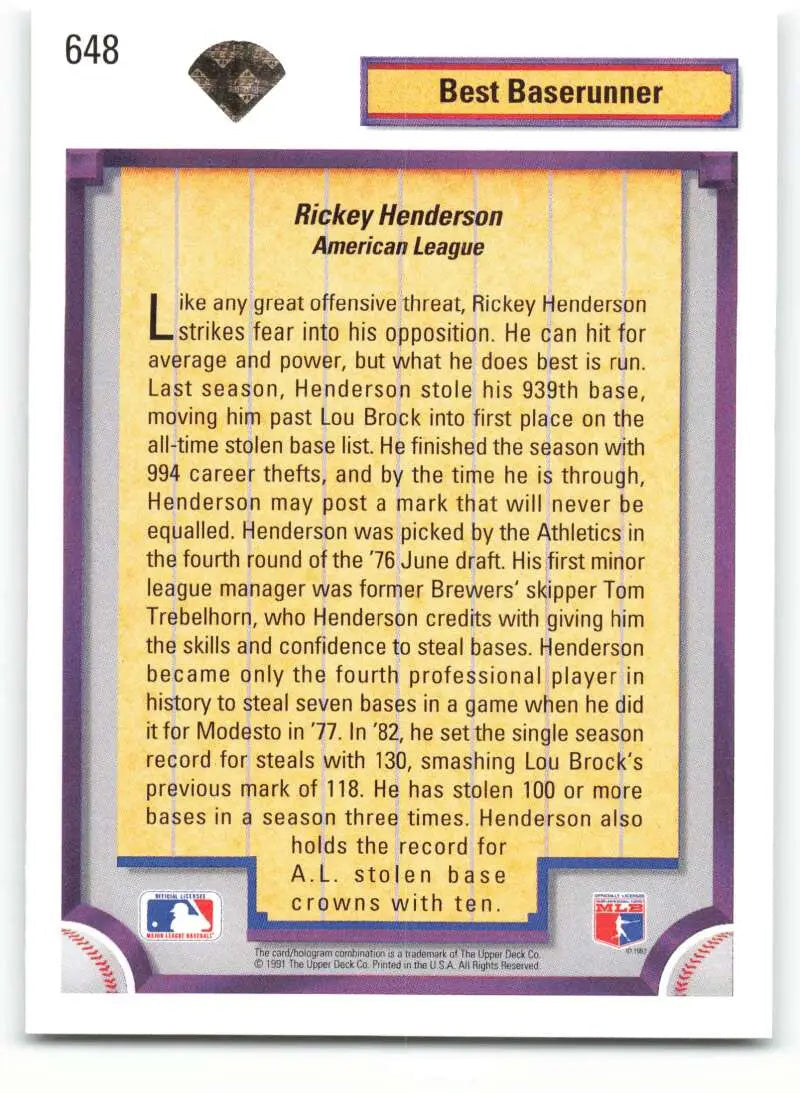 Rickey Henderson baseball card showcasing his baserunning achievements with Oakland Athletics