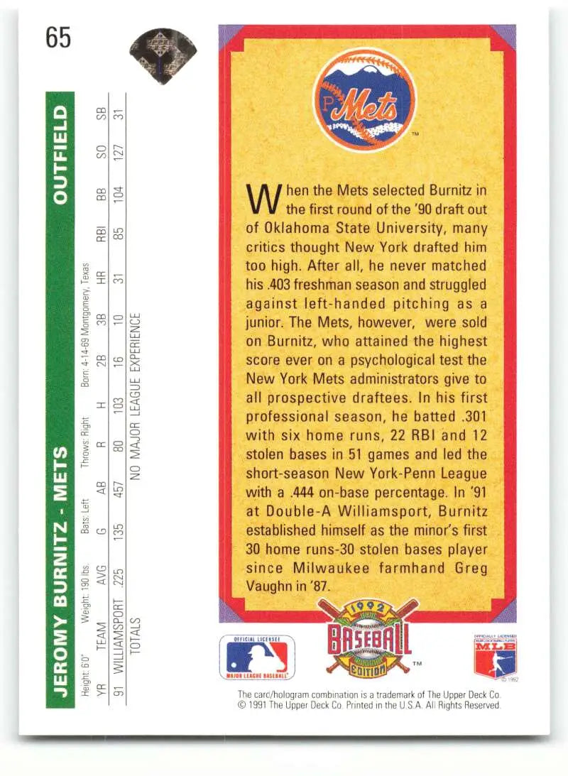 Back of 1992 Upper Deck Jeromy Burnitz New York Mets Baseball Card with player stats