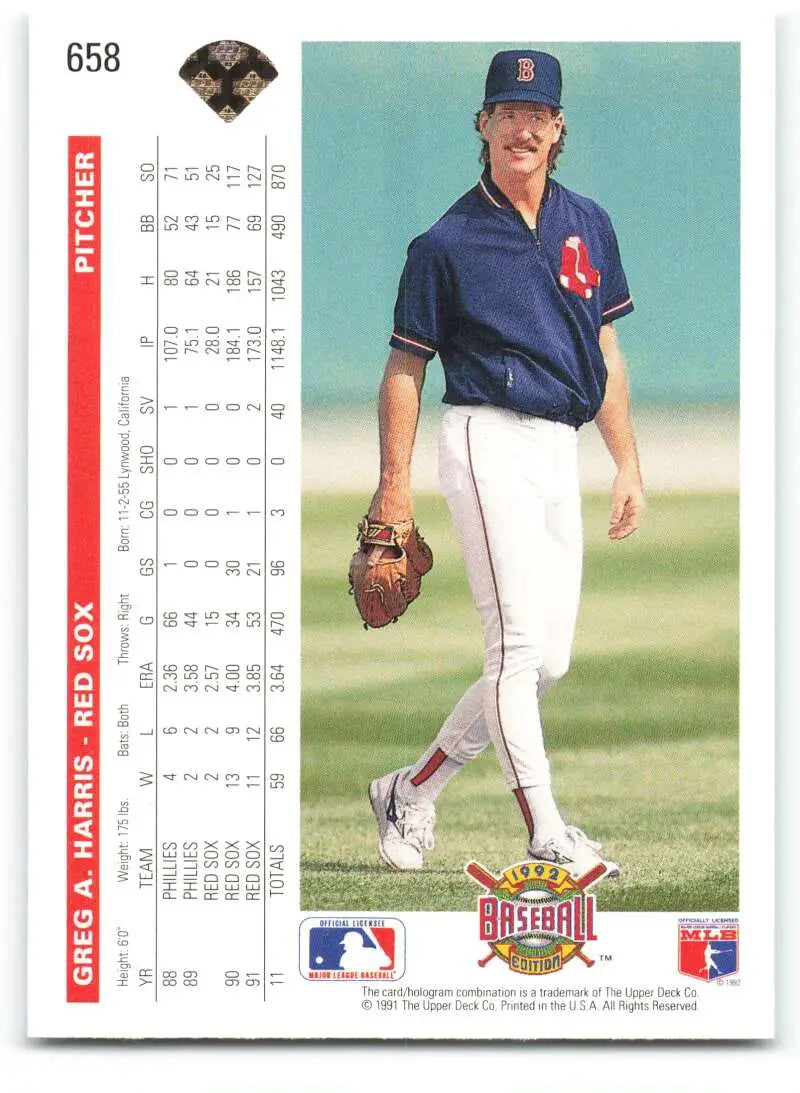Baseball card of Greg Harris in navy blue uniform for Boston Red Sox warmups