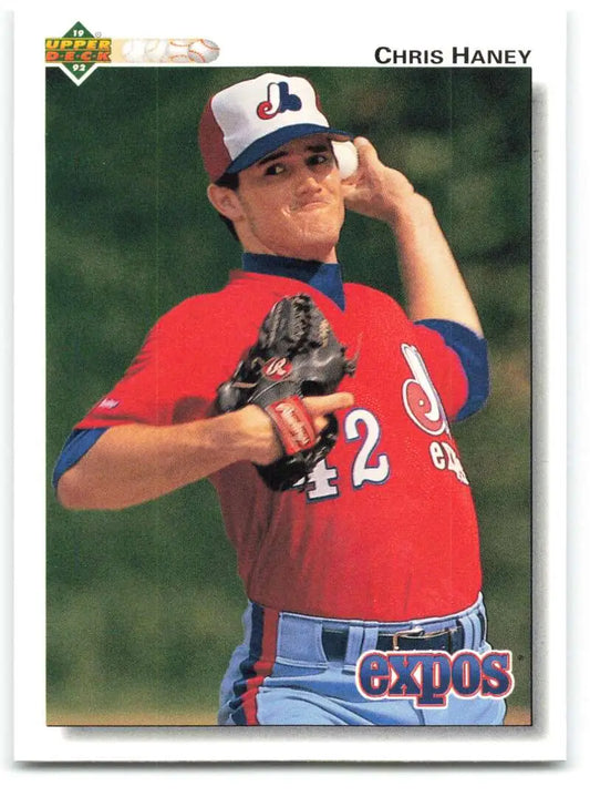 Chris Haney mid-throw in red jersey on 1992 Upper Deck Montreal Expos Baseball Card