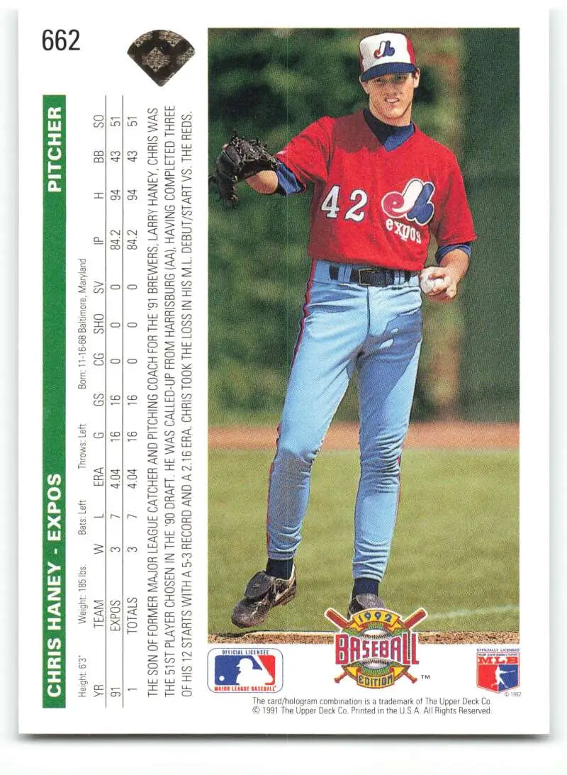 Chris Haney Montreal Expos pitcher in red jersey number 42 Upper Deck baseball card