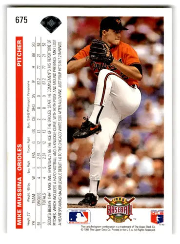 1992 Upper Deck Mike Mussina baseball card with original gloss in excellent condition