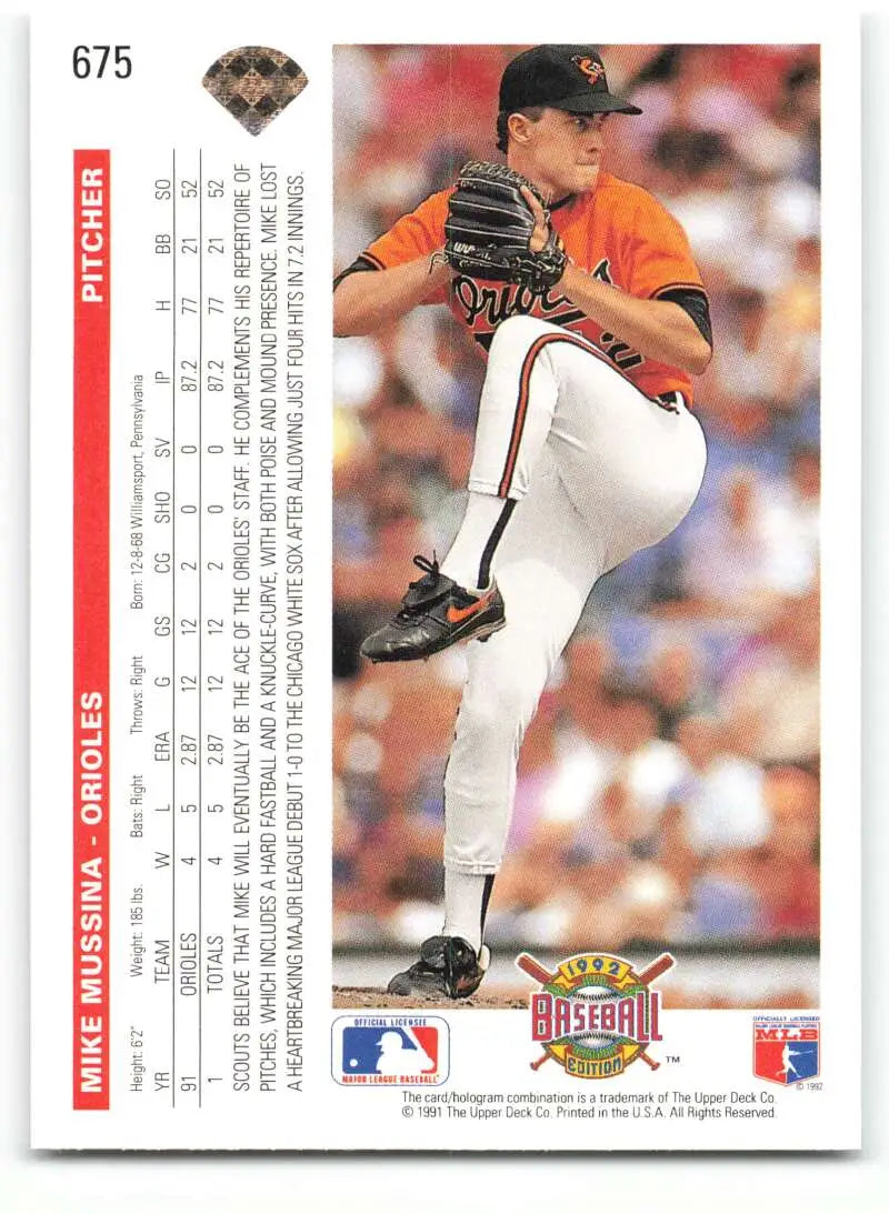 Baseball card of Mike Mussina in mid-windup for the Baltimore Orioles by Upper Deck