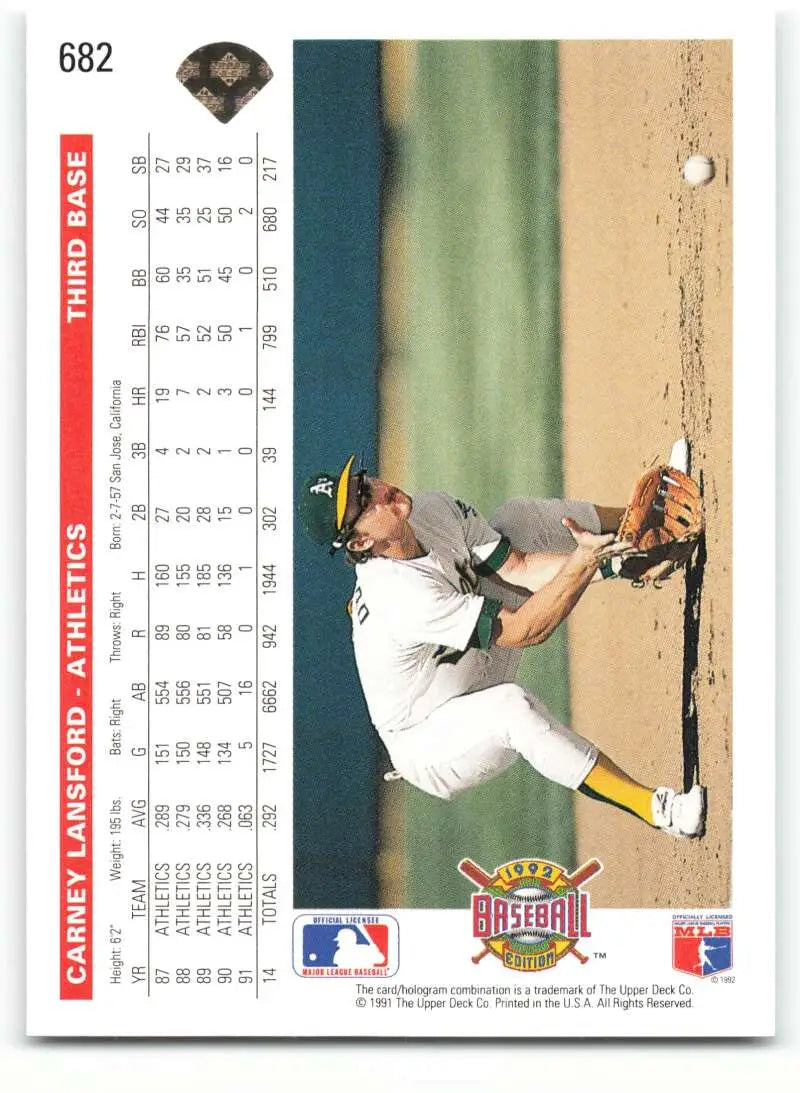 Oakland Athletics Baseball Card featuring Carney Lansford fielding a ground ball