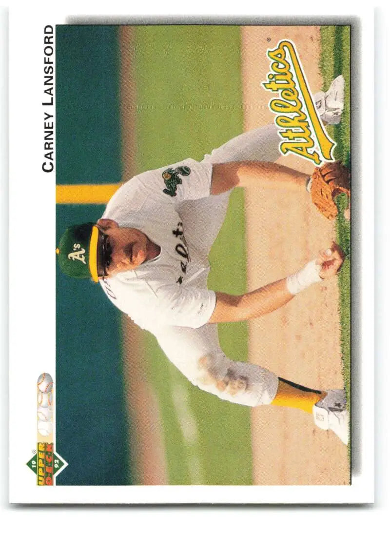 Baseball player Carney Lansford pitching in Oakland Athletics uniform on card