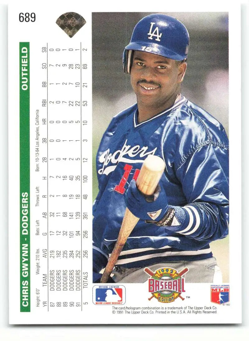 1992 Upper Deck Chris Gwynn Baseball Card of Los Angeles Dodgers player in blue uniform