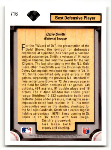 Baseball card back of 1992 Upper Deck Ozzie Smith with original gloss in Near Mint condition