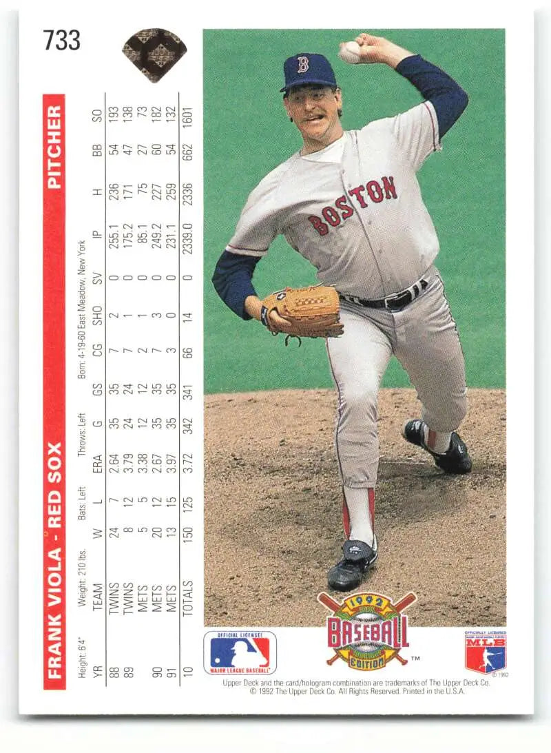 1992 Upper Deck Frank Viola Baseball Card featuring Boston Red Sox pitcher in action