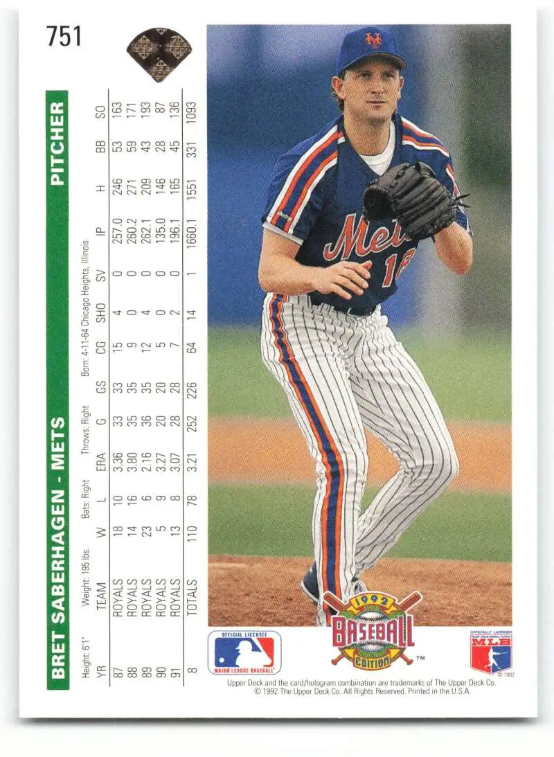Bret Saberhagen 1992 Upper Deck baseball card featuring Mets pitcher in pinstriped uniform