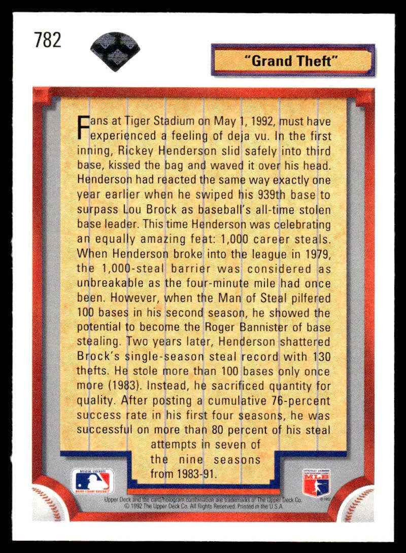 1992 Upper Deck Rickey Henderson Baseball Card with play description at Tiger Stadium