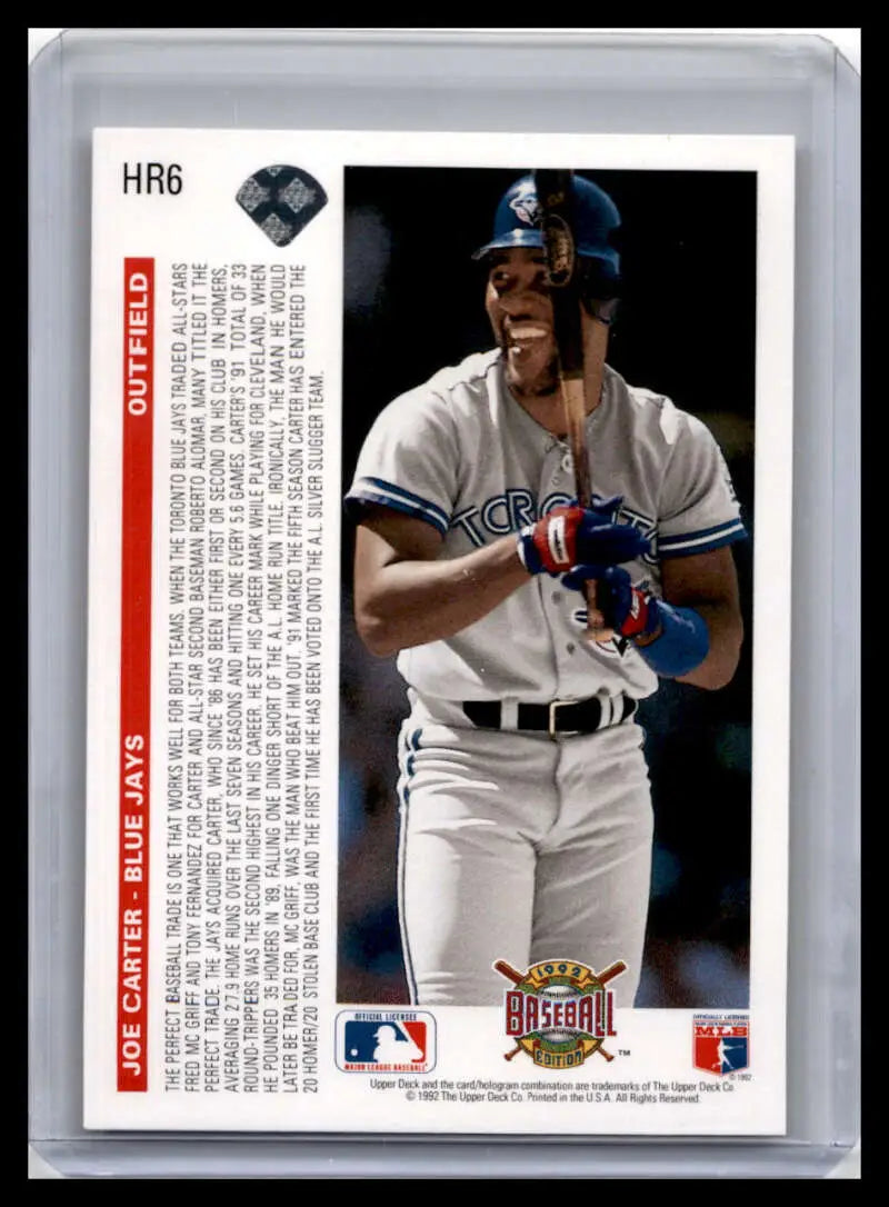 Joe Carter in white and blue uniform at bat on 1992 Upper Deck Blue Jays baseball card