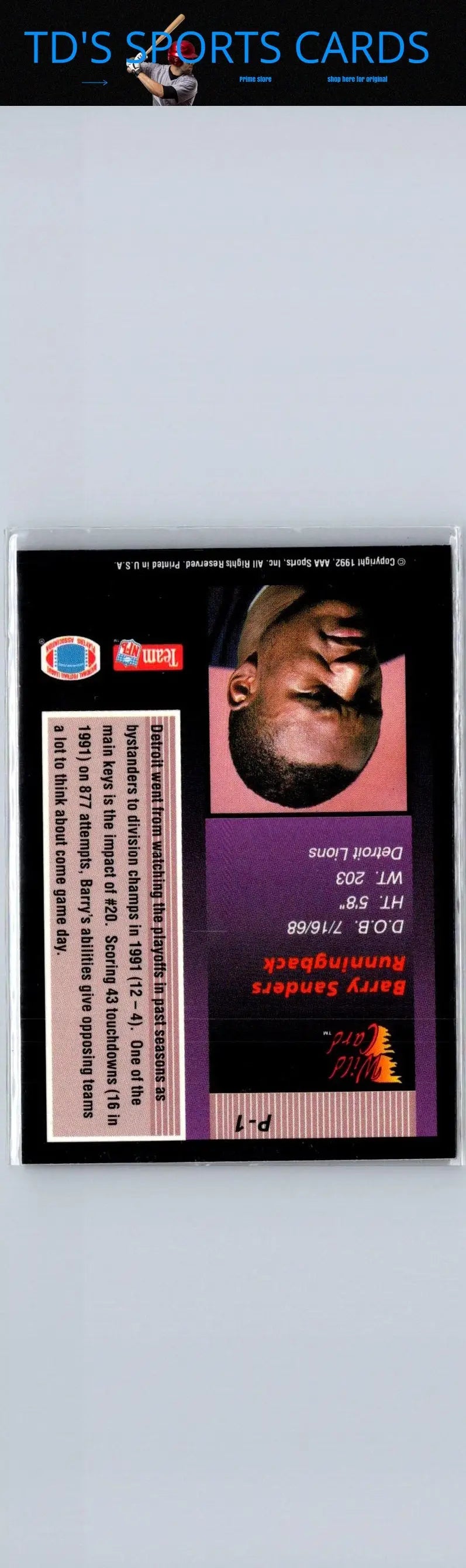 Collectible 1992 Wild Card Barry Sanders Stat Smashers trading card with stats and bio