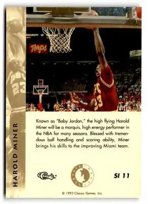 Basketball trading card of Harold Miner dunking in red jersey from Classic Images Four Sport