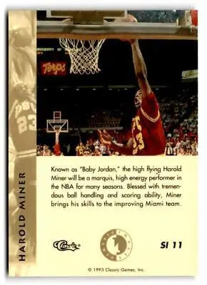 Basketball trading card of Harold Miner dunking in 1993-94 Classic Images Four Sport