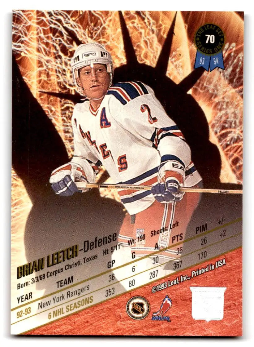 1993-94 Leaf #70 Brian Leetch trading card showcasing a legendary hockey player
