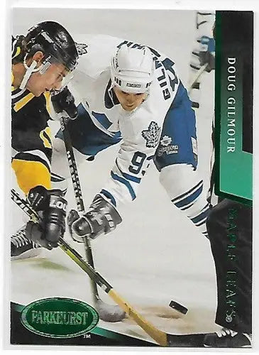 Original gloss 1993-94 Parkhurst Emerald Ice Doug Gilmour hockey card with Maple Leafs