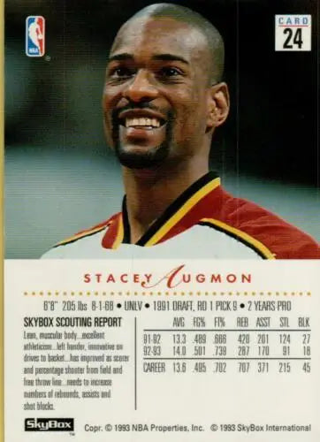 1993-94 SkyBox #24 Stacey Augmon basketball card with original gloss in Near Mint condition