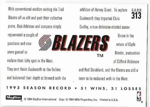 Back of 1993-94 SkyBox #313 Harvey Grant/Chris Dudley basketball card with original gloss