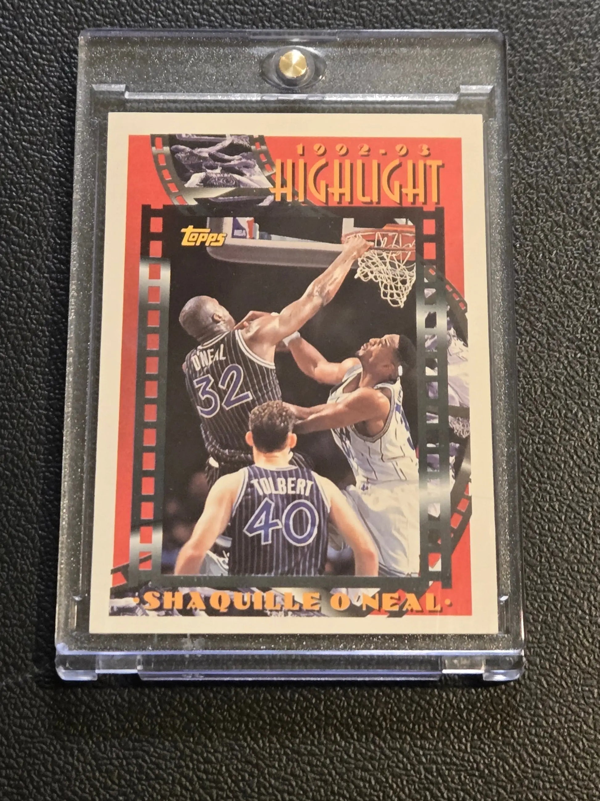 1992-93 Topps Highlight Shaquille O’Neal basketball card in protective case for 1993-94 Topps series