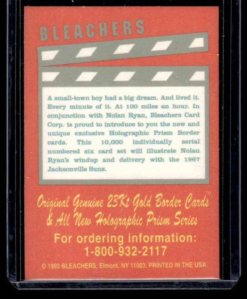 Trading card featuring Nolan Ryan and ordering details on a reddish-orange background