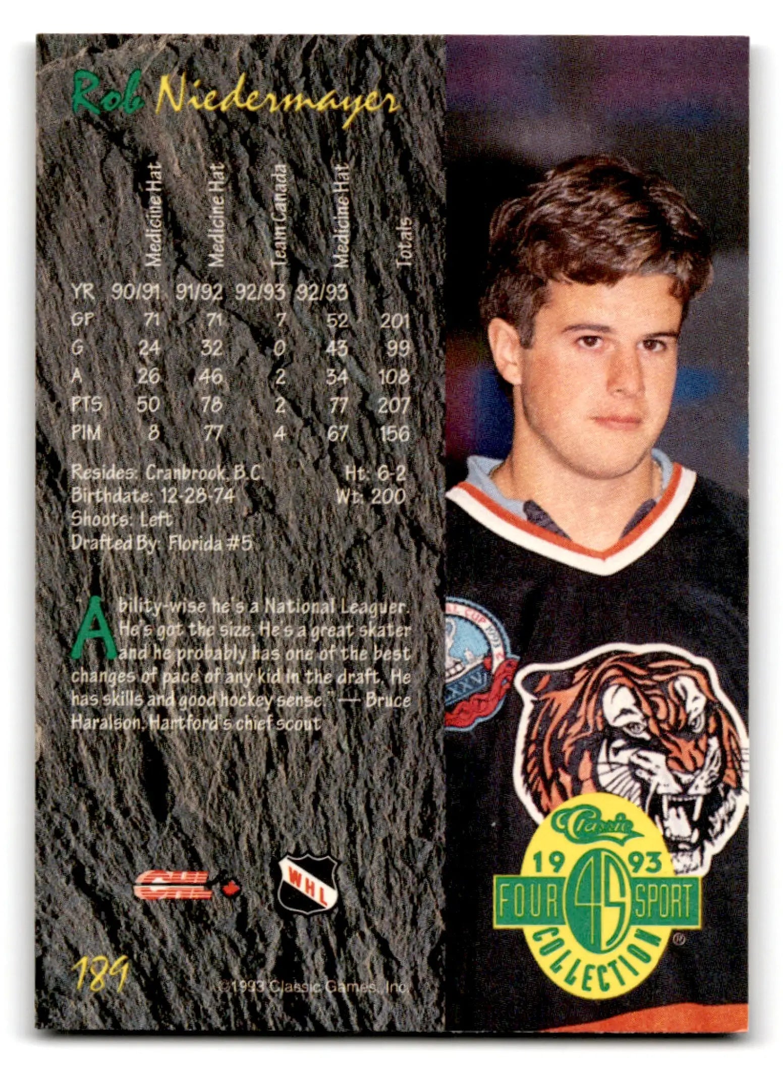 1993-94 Pinnacle Collection hockey card of Rob Niedermayer from Four Sport Rob series