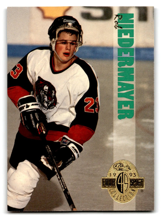 Hockey player card featuring Rob Niedermayer in four sport Florida Panthers jersey