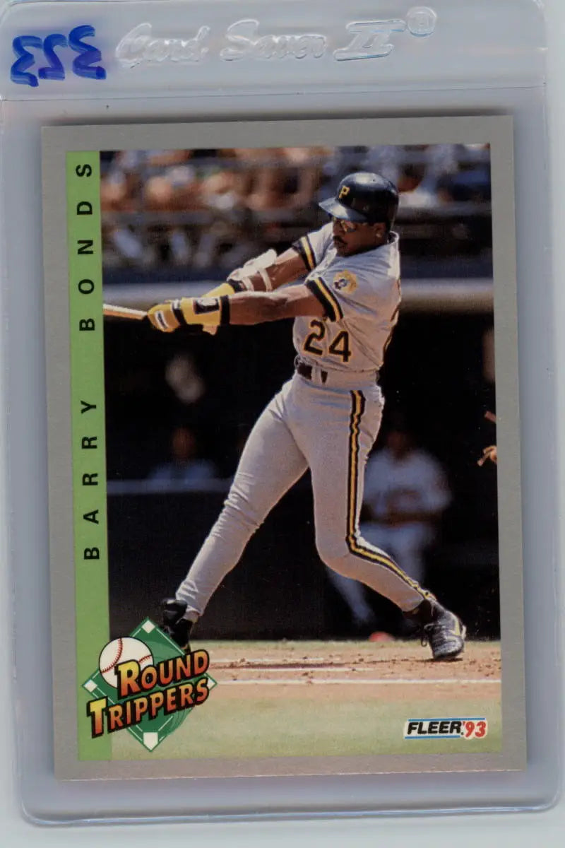 Baseball card of Barry Bonds swinging a bat for the Pittsburgh Pirates in 1993 Fleer