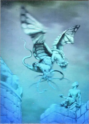 Skeletal dragon with butterfly wings on 1993 Rowena Morrill Holographic Card