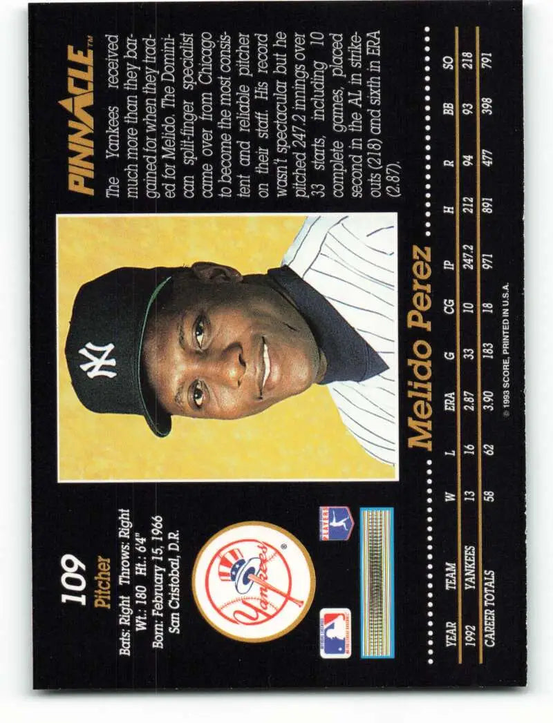 Baseball card of Melido Perez in New York Yankees uniform against yellow background