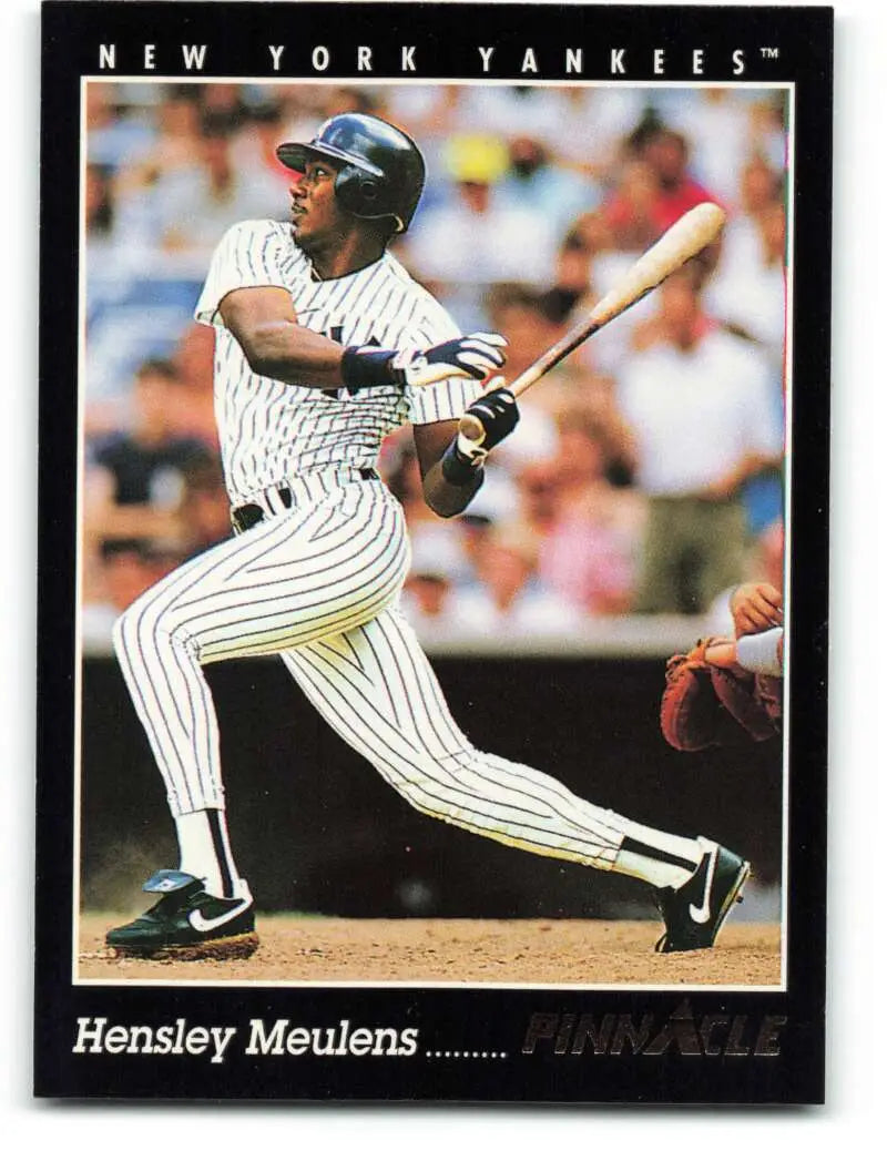 Baseball player Hensley Meulens in New York Yankees pinstripes swinging bat
