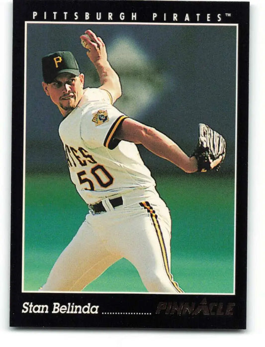 Stan Belinda pitching in white uniform #50 for Pittsburgh Pirates baseball card image