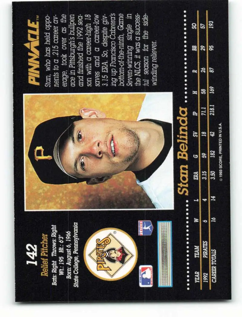 Stan Belinda baseball card for Pittsburgh Pirates, showing player in black cap with gold logo