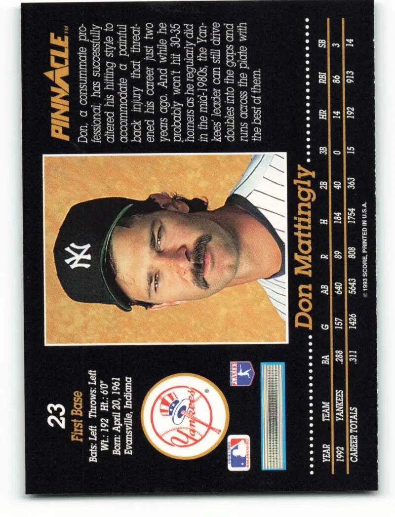 Baseball card of Don Mattingly in a navy NY cap, 1993 Pinnacle #23 collectible