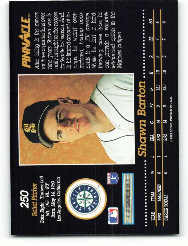 Baseball card of Shawn Barton in a Seattle Mariners uniform, rookie card from 1993