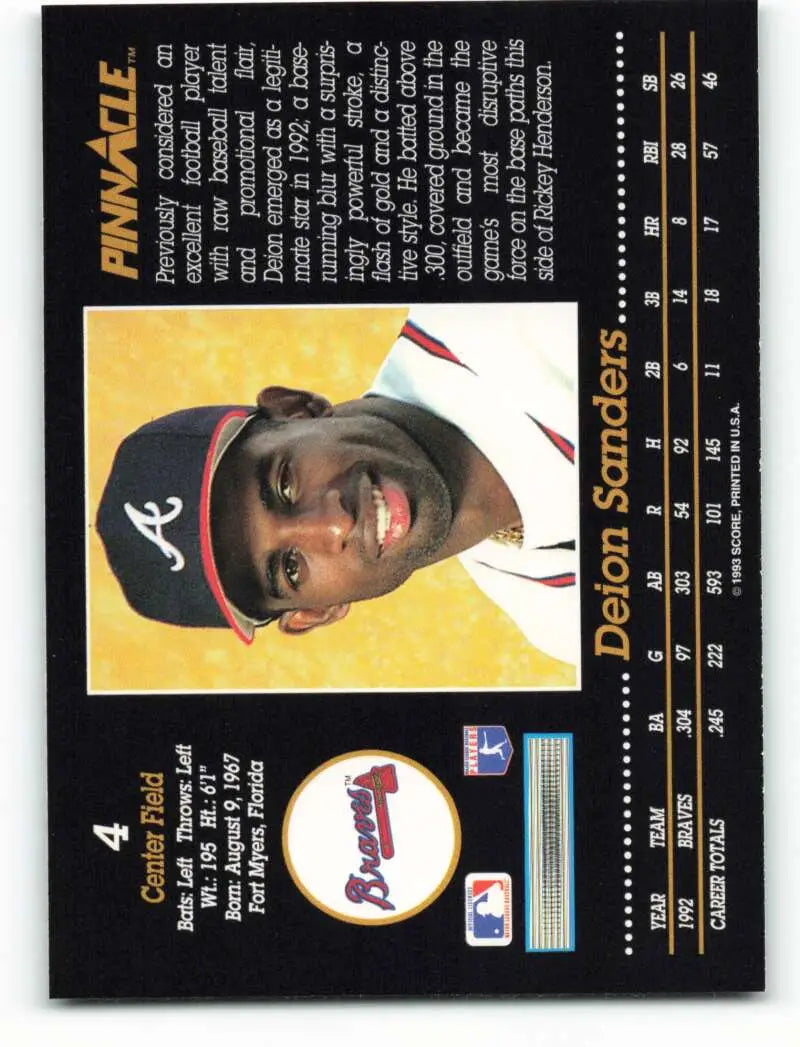 Baseball card of Deion Sanders in a white Atlanta Braves uniform and navy cap