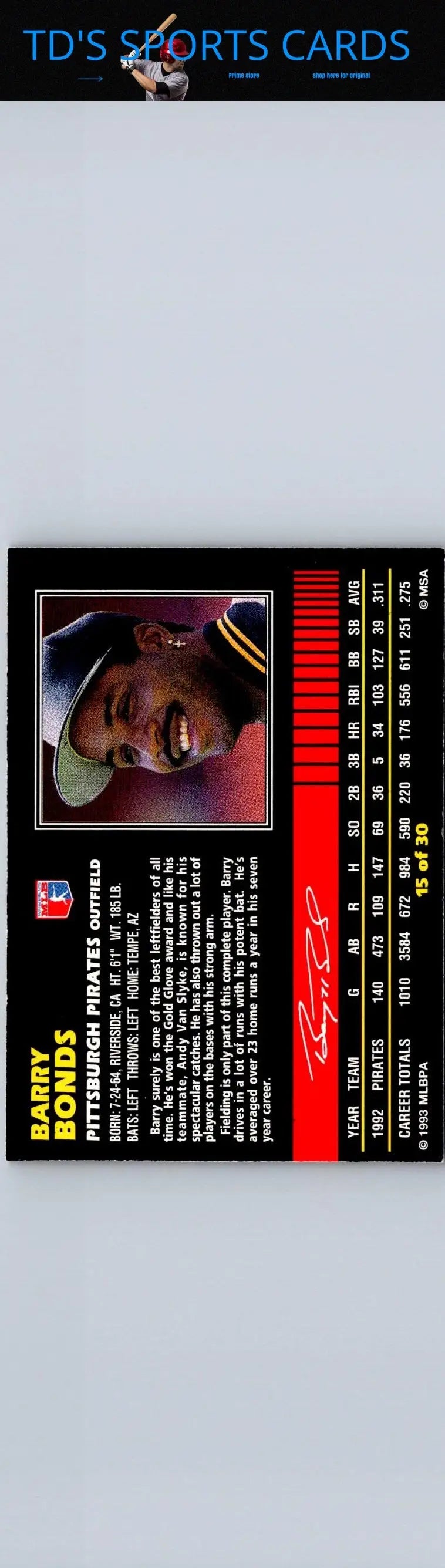 1993 Post Cereal Barry Bonds baseball card featuring legendary player and collectible memorabilia