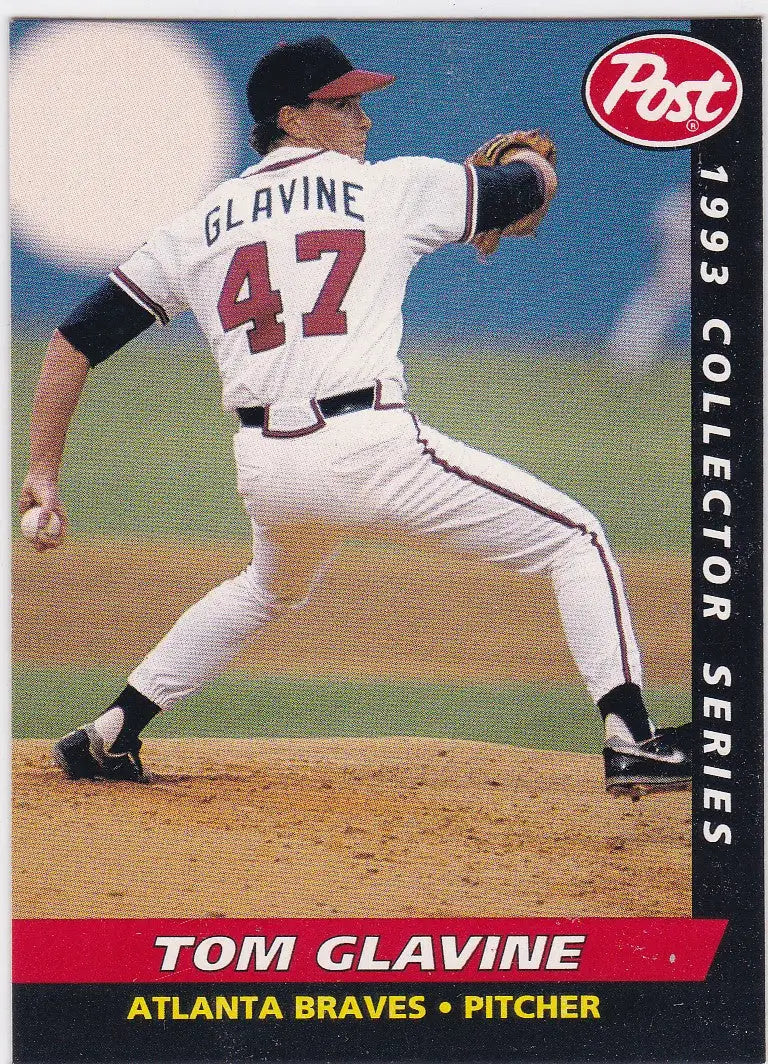 Baseball card of Tom Glavine Atlanta Braves pitcher mid-delivery in 1993 Post Cereal set