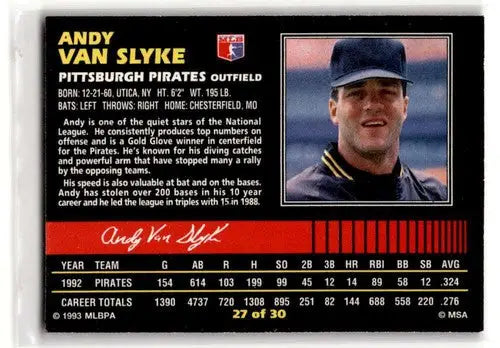 1993 Post Cereal #27 Andy Van Slyke Pittsburgh Pirates Baseball Card ID:52655 - Baseball Card