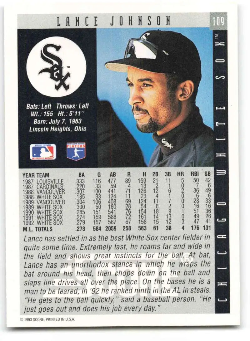 Baseball card of Lance Johnson in a Chicago White Sox cap featuring team logo