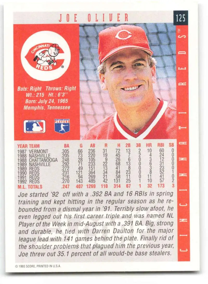 1993 Score #125 Joe Oliver Cincinnati Reds baseball card featuring a player in red uniform