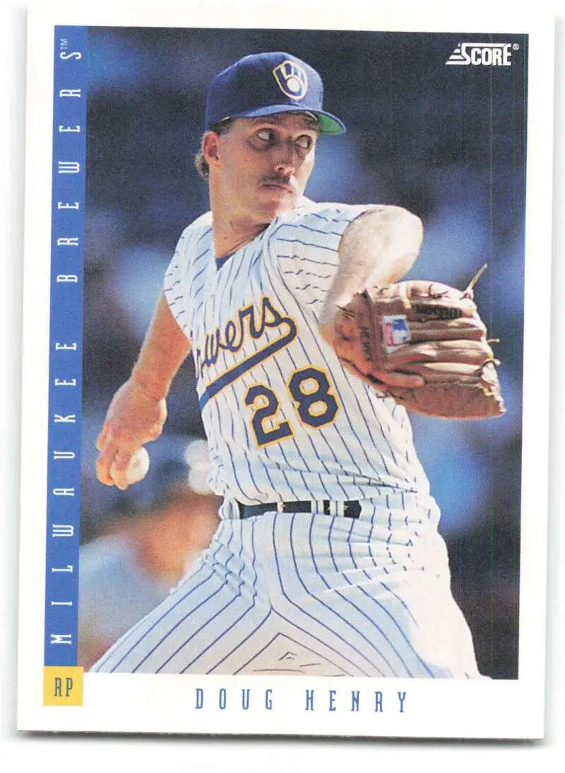 Baseball card of Doug Henry in white pinstriped uniform, Milwaukee Brewers, number 28