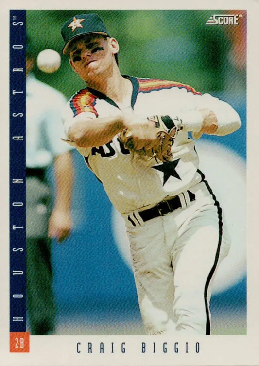 Baseball card of Craig Biggio pitching for the Houston Astros in 1993 Score