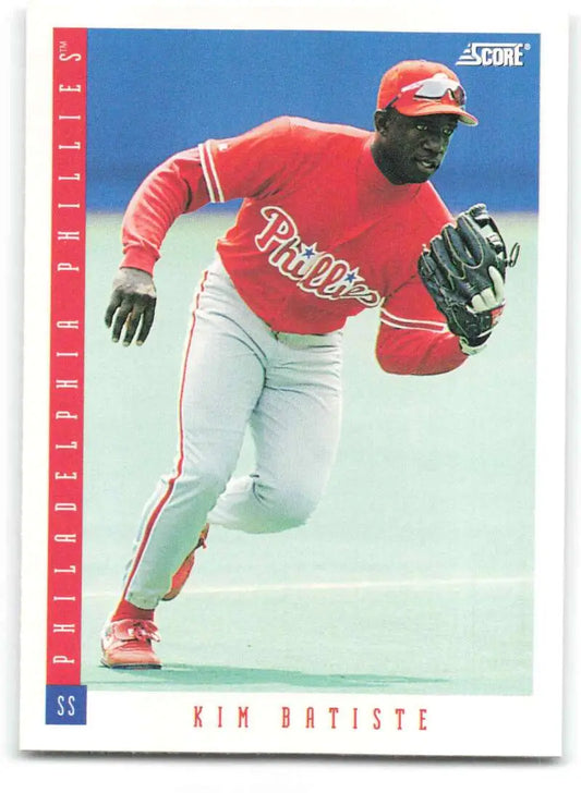 Baseball card featuring Kim Batiste of the Philadelphia Phillies running on the field