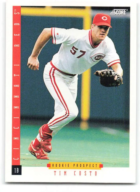 Cincinnati Reds player Tim Costo #57 fielding in white uniform on baseball card